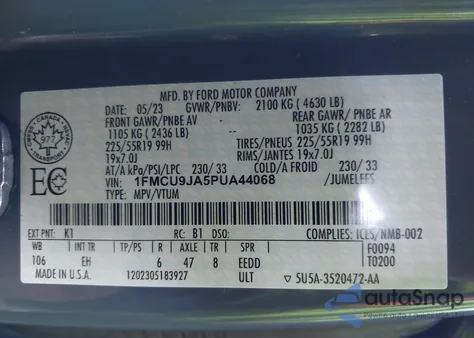 2023 Ford Escape Platinum из США, поврежденный, VIN 1FMCU9JA5PUA44068